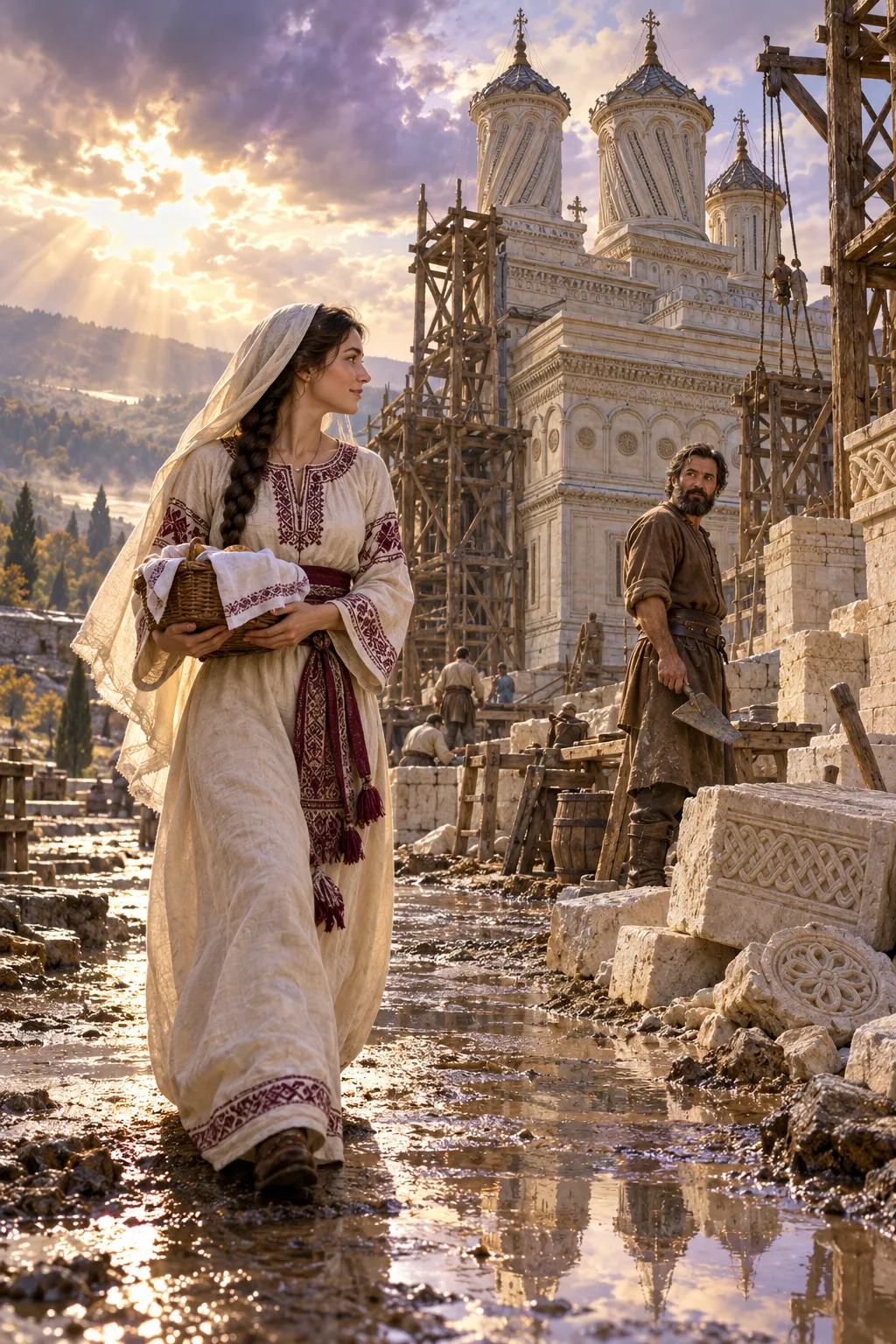 Ana, in a white embroidered blouse and headscarf, arrives on the muddy road to the monastery under construction, where Manole waits.