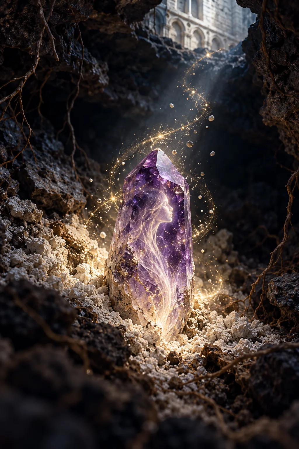 A violet amethyst forms in the dark earth, surrounded by golden light.