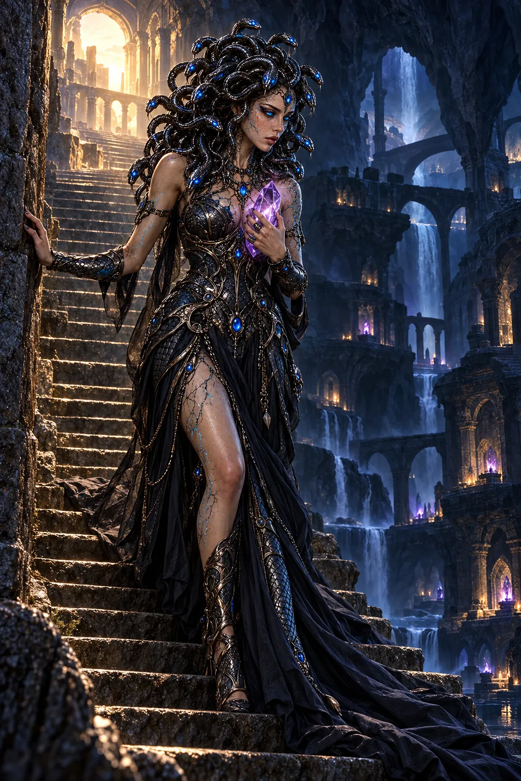 Medusa walks down stone steps toward the underground grottoes and sanctuaries, the amethyst in her hand.