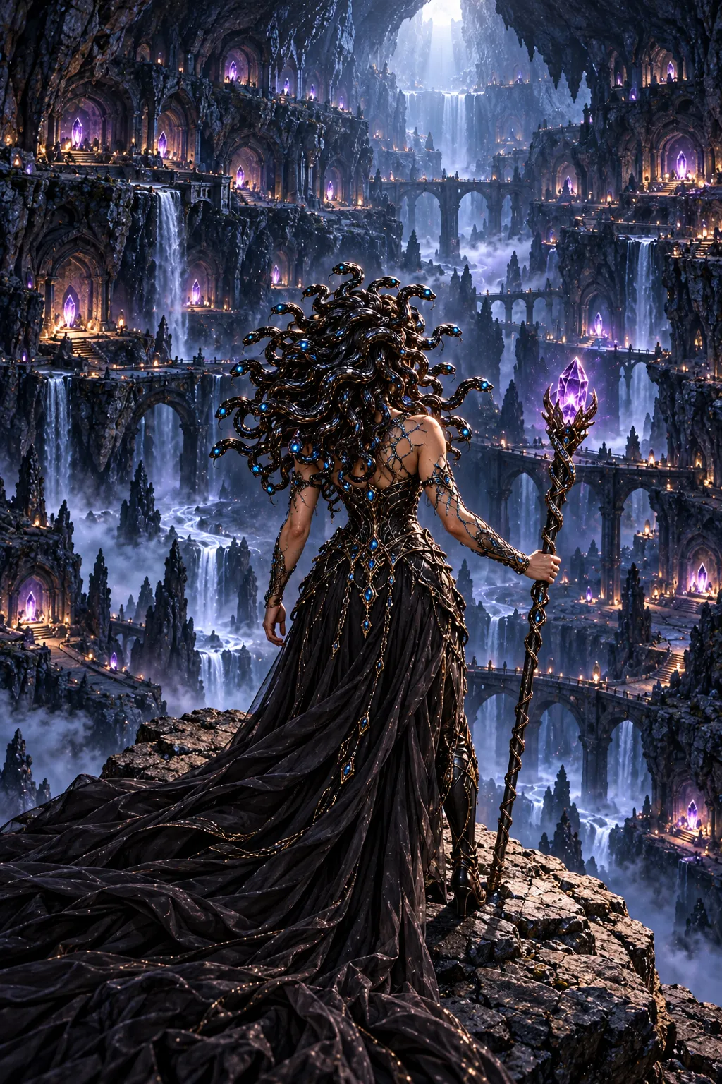 Medusa seen from behind on a promontory, her sceptre crowned with the amethyst, looking over the grottoes and sanctuaries below.